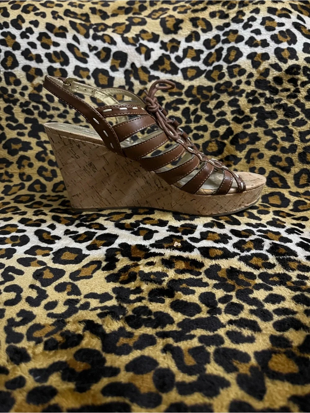 Brown Leather Strappy Cork Wedge Sandals - Women